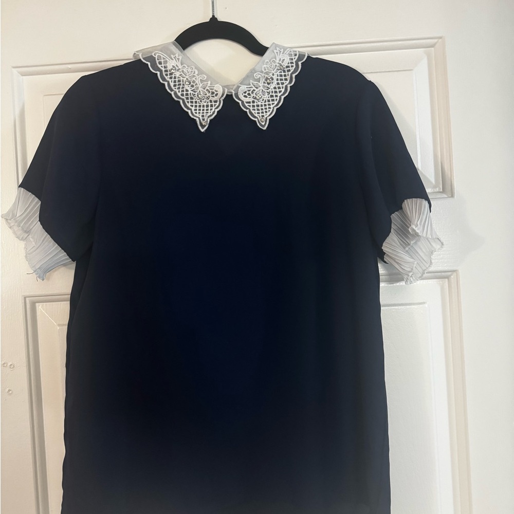 Elegant Navy Blue Lace Collar Top